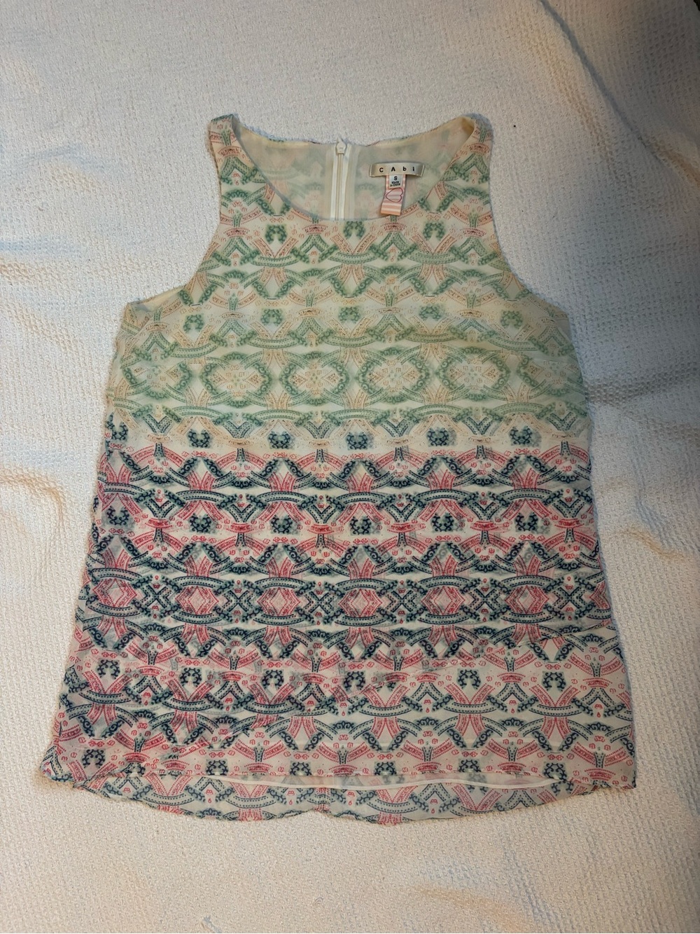 CAbi Sleeveless Printed Shift Dress in Mint, Pink & Navy